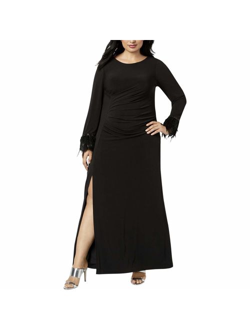 Calvin Klein Women's Plus Size Ruched Feather Trim Slit A-Line Gown