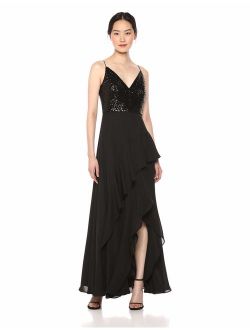 Women's Sleeveless Gown with Sequin Bodice and Chiffon Ruffle Skirt