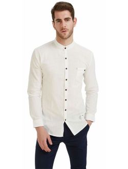 Plaid&Plain Men's Long Sleeve Mandarin Collar Shirts Men's Slim Fit Linen Shirt