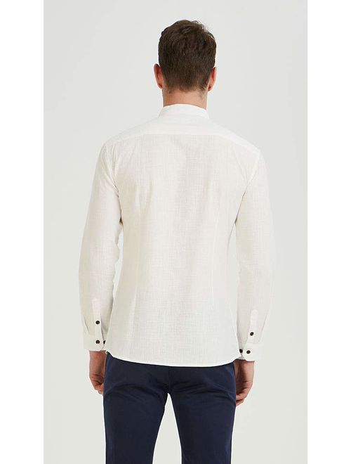 Plaid&Plain Men's Long Sleeve Mandarin Collar Shirts Men's Slim Fit Linen Shirt