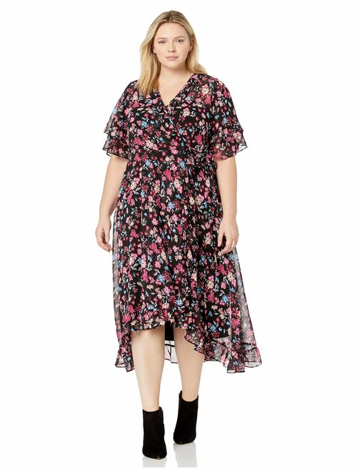 Calvin Klein Women's Plus Size Flutter Sleeved Faux Wrap Maxi Dress