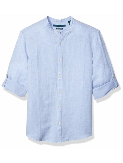 Men's Solid Linen Cotton Rolled Sleeve Banded Collar Shirt