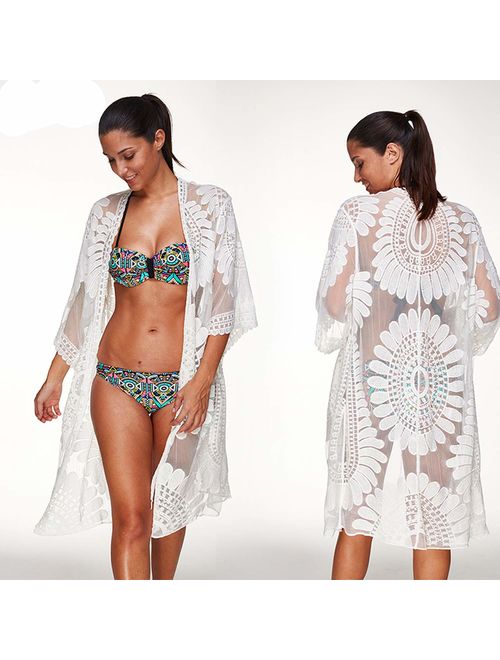 Swimsuit Coverups Ladies Sexy Bikini Cover up for Beach Bathing,See-Through White Floral Lace,Plus Size fit All