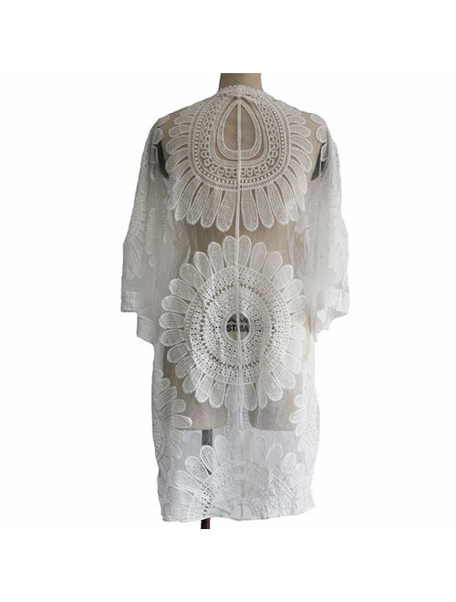 Swimsuit Coverups Ladies Sexy Bikini Cover up for Beach Bathing,See-Through White Floral Lace,Plus Size fit All