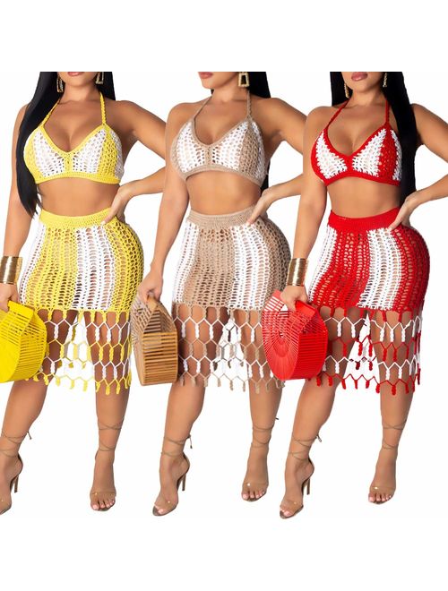 acelyn Women's Crochet Summer Beach Cover up Fringe Dress Bikini Top + Mini Skirt Set 2 Piece Outfits