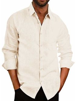 Aimeilgot Mens Long Sleeve Shirts Button Down Linen Cotton Fishing Tees Spread Collar Plain Shirts