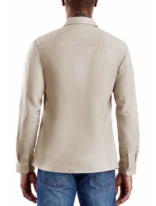 Aimeilgot Mens Long Sleeve Shirts Button Down Linen Cotton Fishing Tees Spread Collar Plain Shirts
