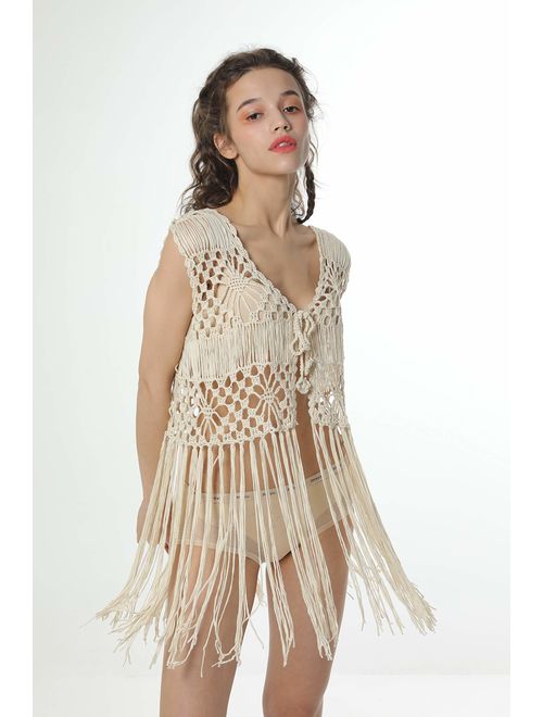 Acemi Sleeveless Crochet Long Tassels Fringe Vest 70s Cover up Hippie Clothes for Women Free Size