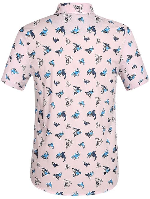 SSLR Men's Shark Printed Casual Button Down Short Sleeve Shirt
