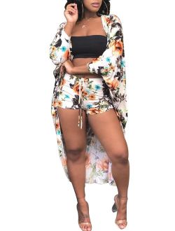 Women's 2 Piece Floral Print Outfits Set Cardigan Cover-Up+Shorts