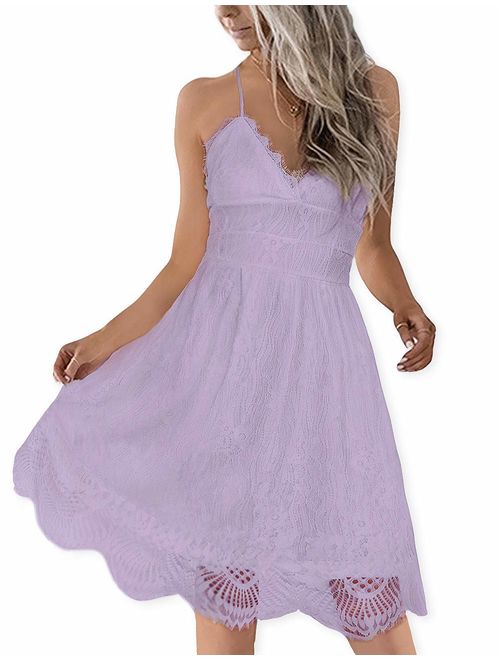 Buy AOOKSMERY Women Summer V-Neck Spaghetti Straps Lace Backless Party Club  Beach Mini Midi Dresses online | Topofstyle