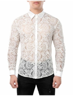 Mens Night Club Style Mesh See Through Long Sleeve Button Down Sexy Lace Floral Dress Shirts