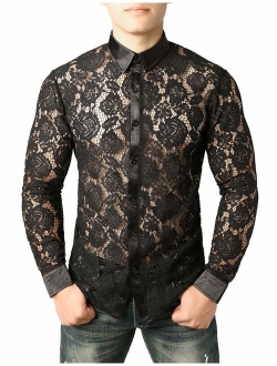 Mens Night Club Style Mesh See Through Long Sleeve Button Down Sexy Lace Floral Dress Shirts