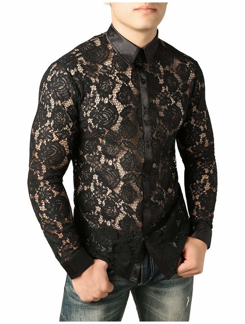 ZEROYAA Mens Night Club Style Mesh See Through Long Sleeve Button Down Sexy Lace Floral Dress Shirts