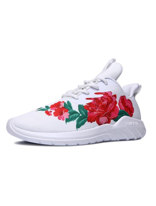 Soulsfeng Men's Women's Fashion Sport Shoes Lace Up Cushioning Breathable Fabric Flower Design Couples Sneaker