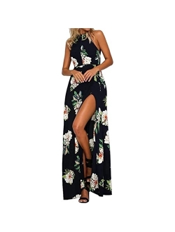Halter Neck Floral Print Backless Thigh High Slit Beach Party Maxi Dress