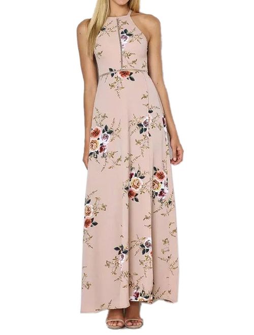 ZESICA Halter Neck Floral Print Backless Thigh High Slit Beach Party Maxi Dress