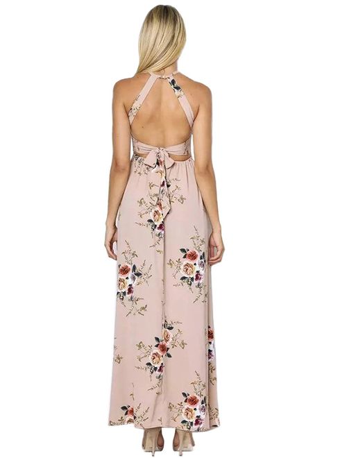 ZESICA Halter Neck Floral Print Backless Thigh High Slit Beach Party Maxi Dress