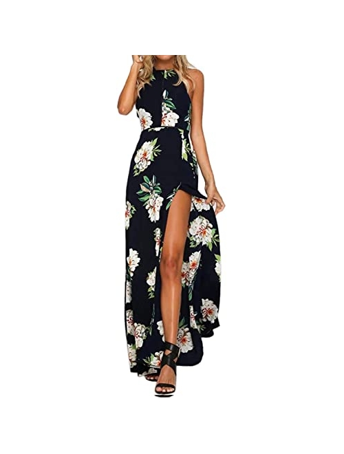 ZESICA Halter Neck Floral Print Backless Thigh High Slit Beach Party Maxi Dress