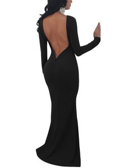 TOB Women's Sexy Long Sleeve Backless Ruched Evening Prom Mermaid Dress