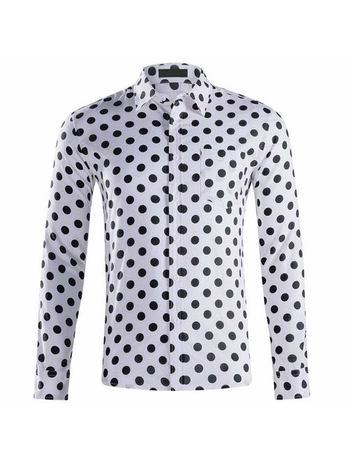 TOSKIP Men's Casual Dress Cotton Polka Dots Long Sleeve Fitted Button Down Shirts