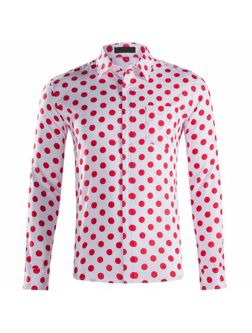 TOSKIP Men's Casual Dress Cotton Polka Dots Long Sleeve Fitted Button Down Shirts