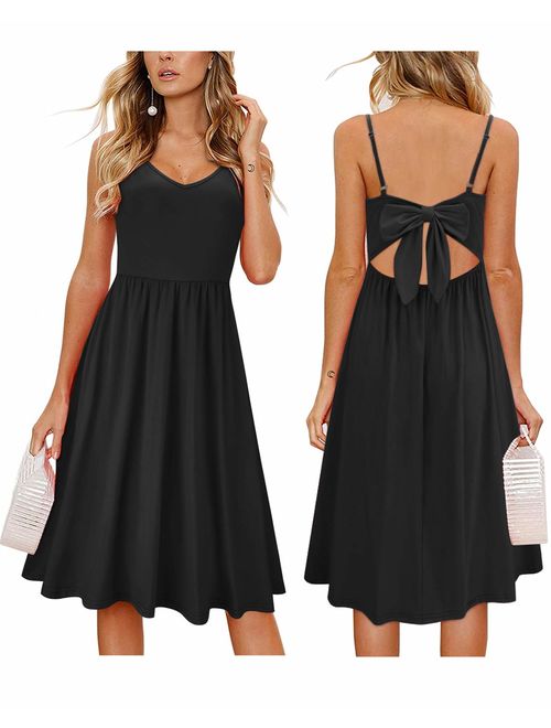 OUGES Womens Summer Backless Adjustable Spaghetti Strap Tie Back Plain Dress