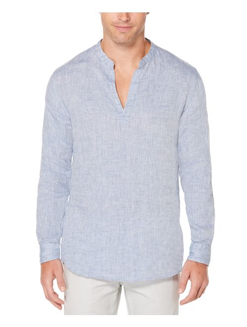Perry Ellis Men's Long-Sleeve Solid Linen Cotton Popover Shirt