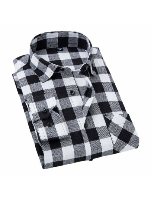 Cromoncent Mens Fashion Button-Down Plaid Flannel Long Sleeve Shirt
