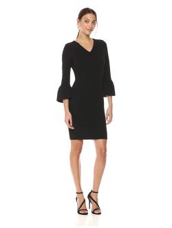 Women's Solid V Neck Sheath with Bell Sleeves