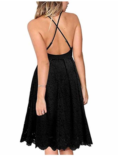 MEROKEETY Women's Lace Floral V Neck Spaghetti Straps Backless Cocktail A-Line Dress for Party