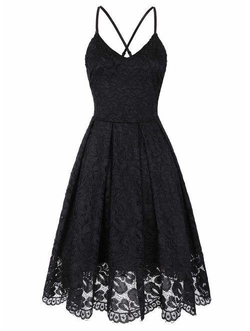 MEROKEETY Women's Lace Floral V Neck Spaghetti Straps Backless Cocktail A-Line Dress for Party