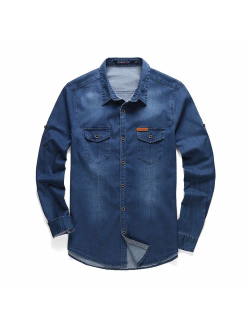 MCLOANTH Men's Long Sleeve Denim Shirts Button-Down Solid Cotton Double-Pocket Vintage Causal Shirt