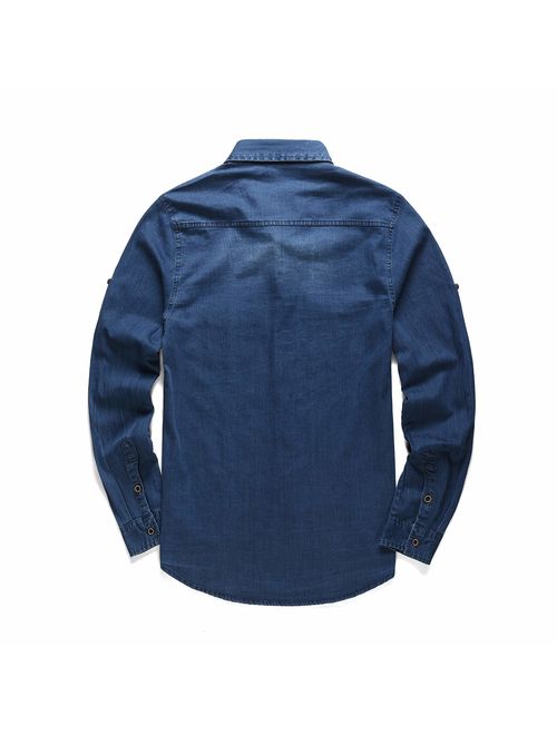 MCLOANTH Men's Long Sleeve Denim Shirts Button-Down Solid Cotton Double-Pocket Vintage Causal Shirt