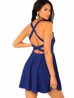 Women's Scoop Neck Backless Criss Cross Sleeveless Flare A-Line Party Dress
