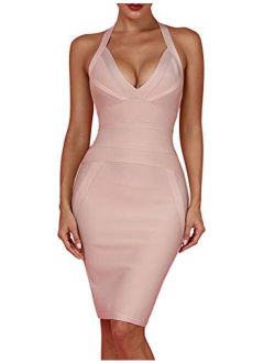 whoinshop Women's Deep V-Neck Backless Halter Bodycon Cocktail Party Bandage Dress