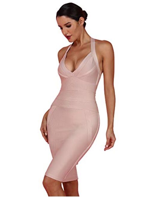 whoinshop Women's Deep V-Neck Backless Halter Bodycon Cocktail Party Bandage Dress