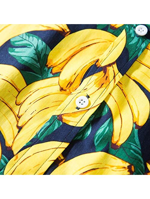 TUNEVUSE Mens Hawaiian Shirt Casual Floral Print Short Sleeve Button Down Shirt Cotton