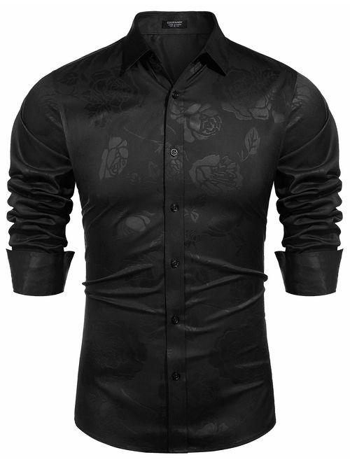 COOFANDY Mens Slim Fit Silk Button-Down Shirt Long Sleeve Luxury Design Print Dress Shirt