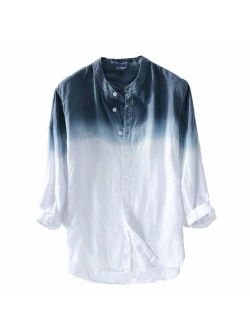 Yualice Mens Gradient Color Cotton Linen Button Down Shirts for Men 3/4 Sleeve Band Collar Shirt Men