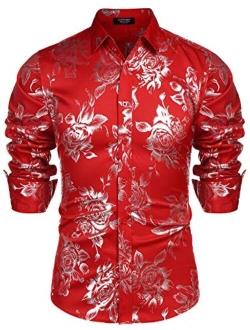 Men's Rose Shiny Silk Shirt Luxury Flowered Printed Button Down Shirt