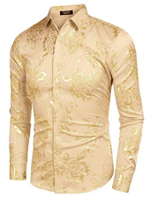COOFANDY Men's Rose Shiny Silk Shirt Luxury Flowered Printed Button Down Shirt