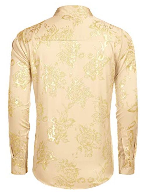 COOFANDY Men's Rose Shiny Silk Shirt Luxury Flowered Printed Button Down Shirt