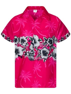 Funky Hawaiian Shirt Men Shortsleeve Frontpocket Hawaiian-Print Leaves Flowers Chest Border Print
