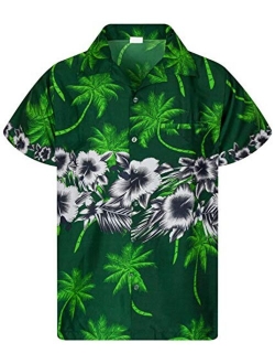 Funky Hawaiian Shirt Men Shortsleeve Frontpocket Hawaiian-Print Leaves Flowers Chest Border Print