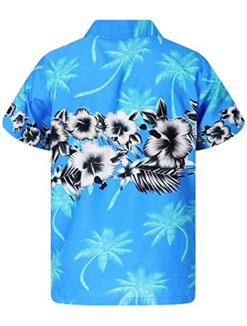 King Kameha Funky Hawaiian Shirt Men Shortsleeve Frontpocket Hawaiian-Print Leaves Flowers Chest Border Print