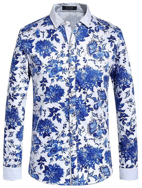 SSLR Men's Floral Cotton Button Down Long Sleeve Hawaiian Shirt