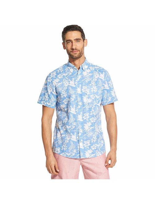 IZOD Men's Saltwater Dockside Chambray Short Sleeve Button Down Patterned Shirt
