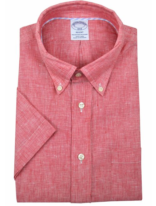 Brooks Brothers Men's Regent Fit 100% Linen Short Sleeve Button Down Shirt Linen Red