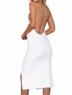 Clubwear for Women Sexy Backless Party Dress Bodycon Side Split Midi Dress